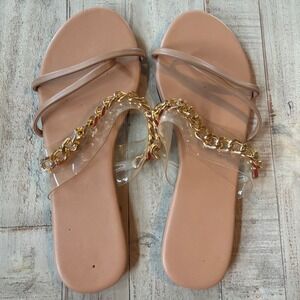 Tan Clear Gold Chain Link Flat Slide Sandals Women Size 39 EU 8 US Chic Summer